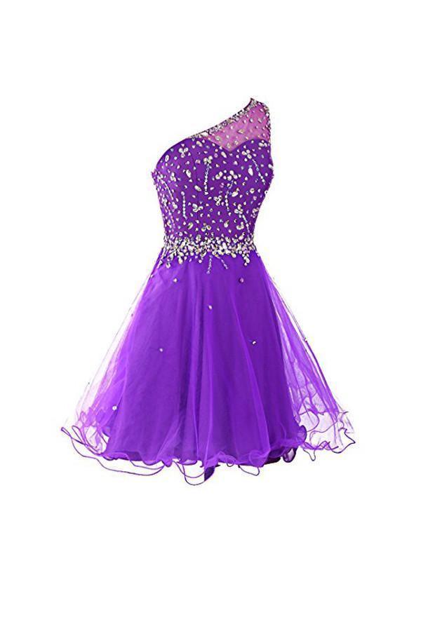 One Shoulder Prom Dresses Tulle Homecoming Dress With Beading PG065 - Tirdress