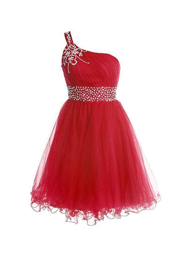 One Shoulder Short Prom Dresses Homecoming Dress With Beading PG041 - Tirdress