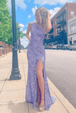 One Shoulder Stunning Lavender Sequins Long Prom Dress With Slit TP1105