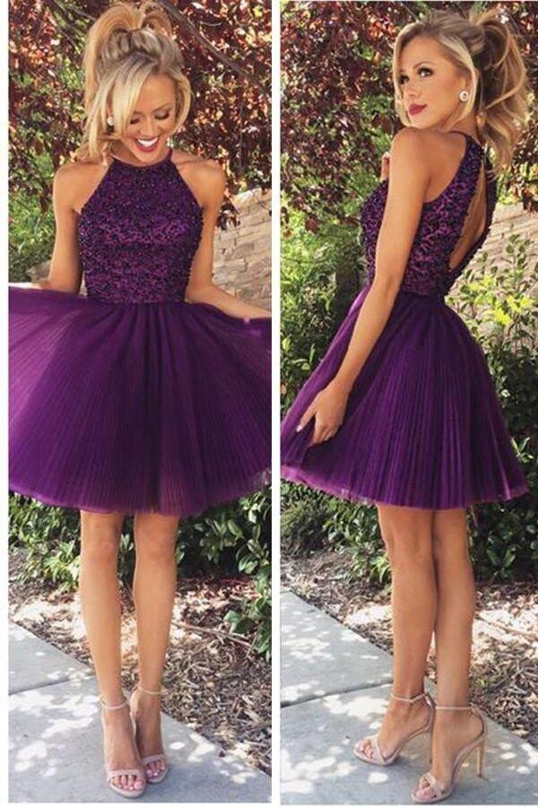 Open Back Halter Purple Beaded Homecoming Cocktail Dresses PG020 - Tirdress