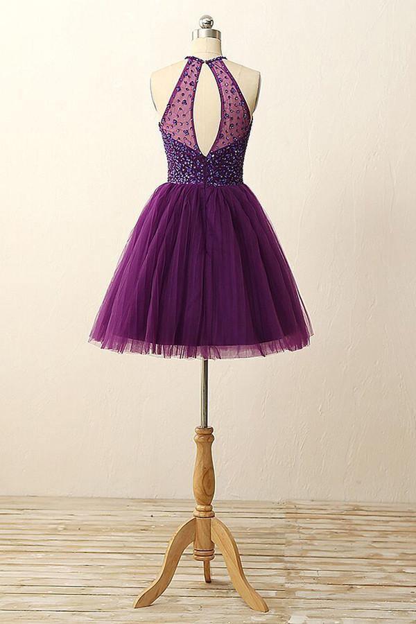 Open Back Illusion Back Purple Homecoming Dress With Sequins Crystal TR0077 - Tirdress