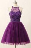Open Back Illusion Back Purple Homecoming Dress With Sequins Crystal TR0077