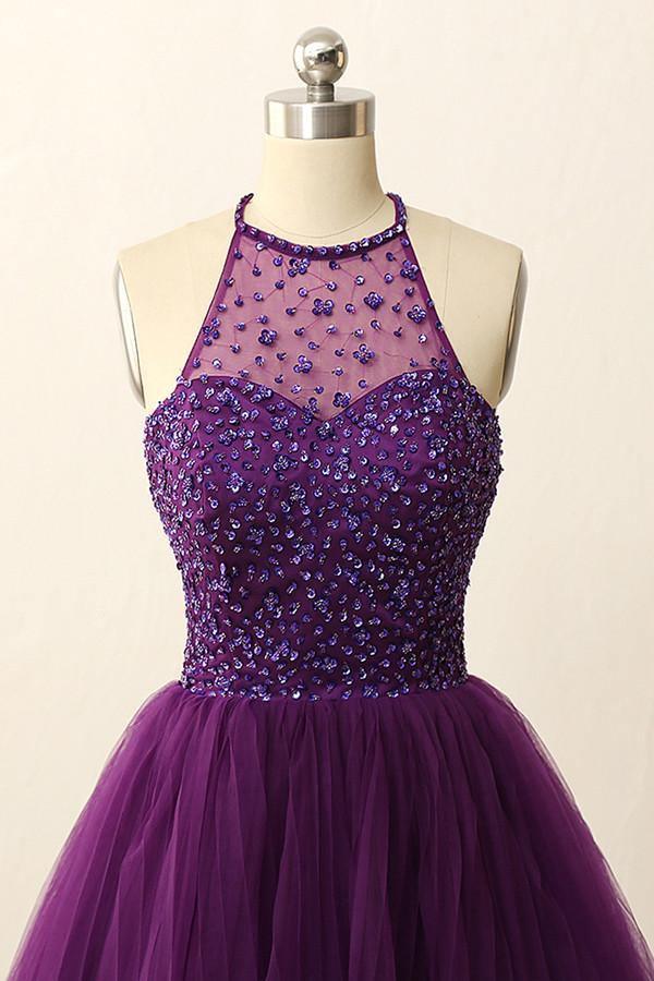 Open Back Illusion Back Purple Homecoming Dress With Sequins Crystal TR0077 - Tirdress