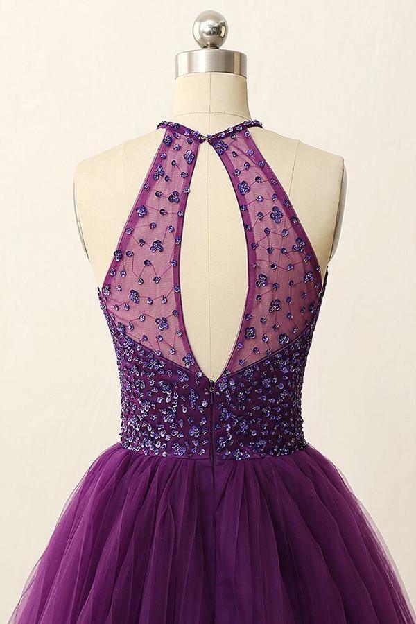 Open Back Illusion Back Purple Homecoming Dress With Sequins Crystal TR0077 - Tirdress