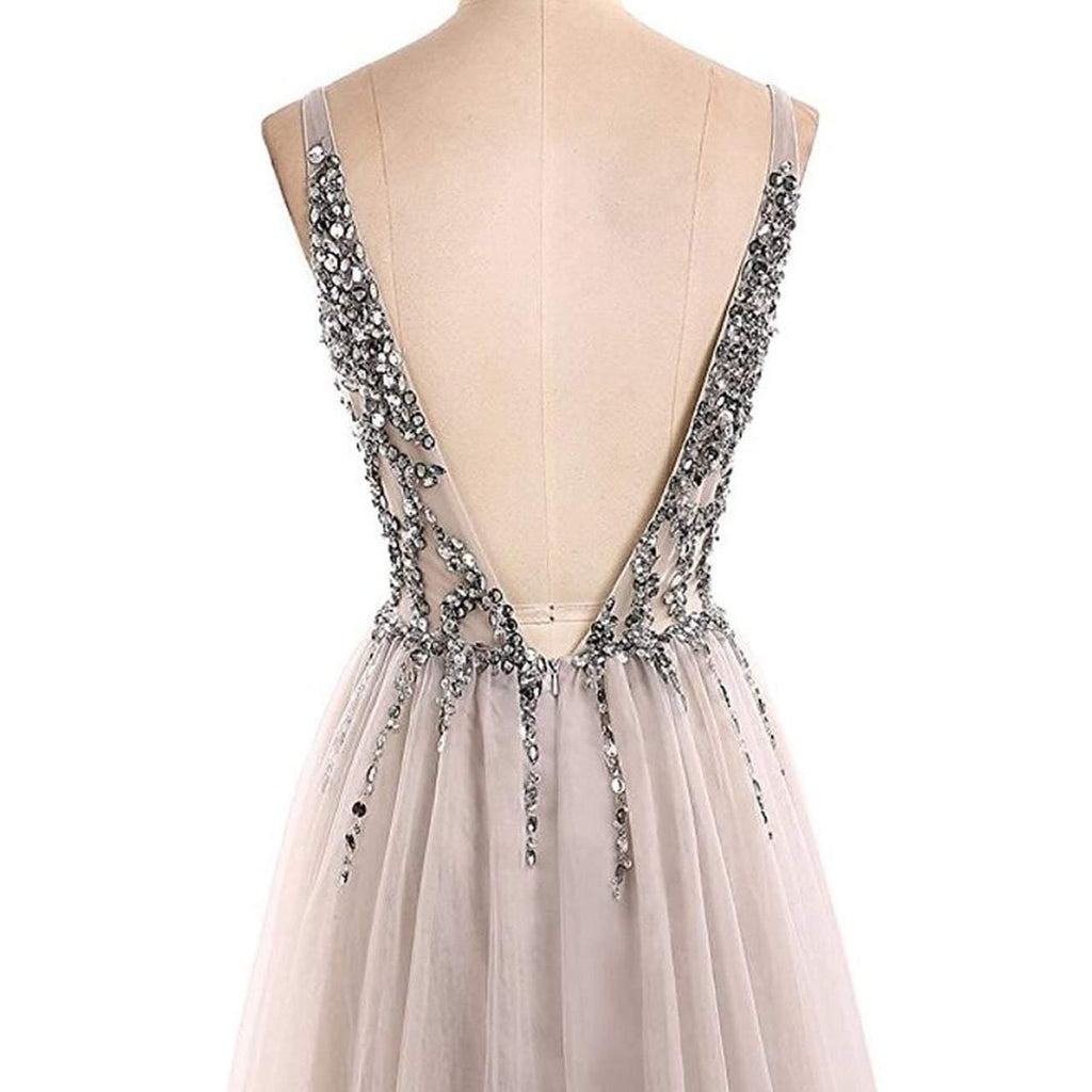 Open Back Prom Dresses Deep V-neck Long Saprkly Slit Prom Dress Sexy Evening Dress TP0966 - Tirdress
