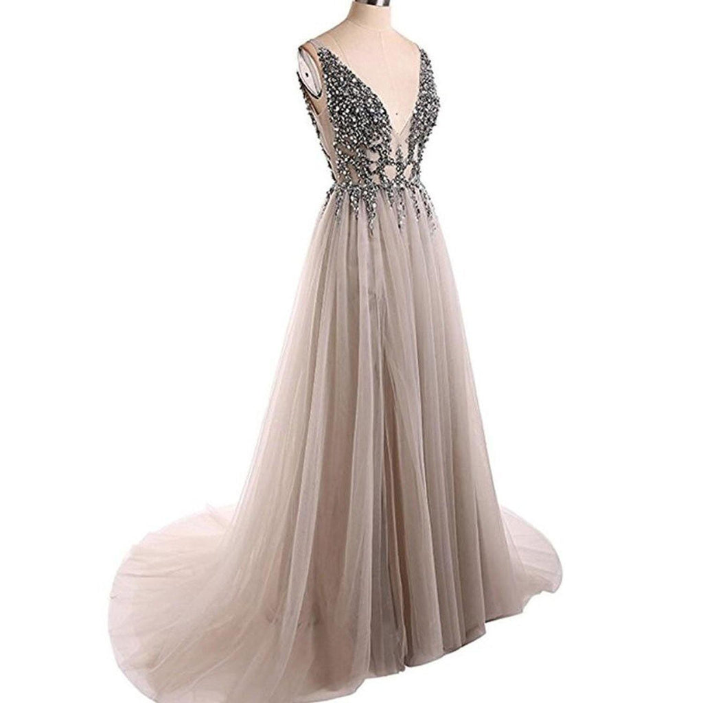 Open Back Prom Dresses Deep V-neck Long Saprkly Slit Prom Dress Sexy Evening Dress TP0966 - Tirdress