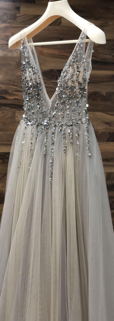 Open Back Prom Dresses Deep V-neck Long Saprkly Slit Prom Dress Sexy Evening Dress TP0966 - Tirdress