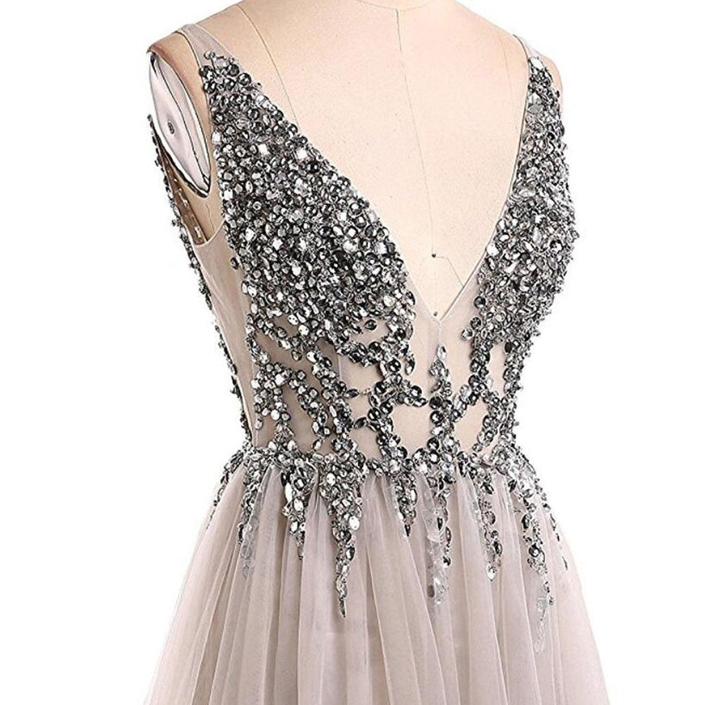 Open Back Prom Dresses Deep V-neck Long Saprkly Slit Prom Dress Sexy Evening Dress TP0966 - Tirdress