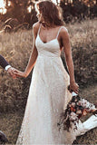 Open Back Straps Long Train A-line Lace Simple Rustic Wedding Dress TN212 - Tirdress