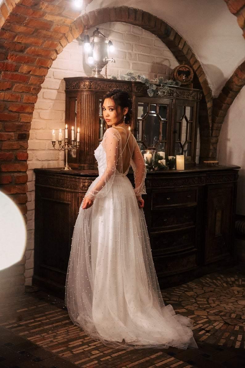 Open back Sexy Wedding Dress Ivory Tulle Wedding Dress Bohemian Dress TN214 - Tirdress