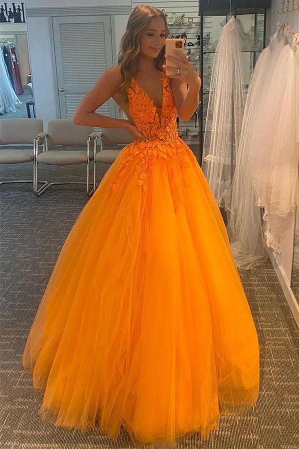 Orange V-Neck Tulle Lace A-Line Prom Dress Formal Dress TP1164 - Tirdress