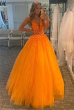 Orangefarbenes Ballkleid in A-Linie mit V-Ausschnitt, Tüll und Spitze, formelles Kleid TP1164