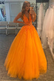 Robe de bal A-ligne en dentelle de tulle à col en V orange Robe formelle TP1164