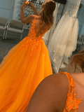 Orange V-Neck Tulle Lace A-Line Prom Dress Formal Dress TP1164 - Tirdress