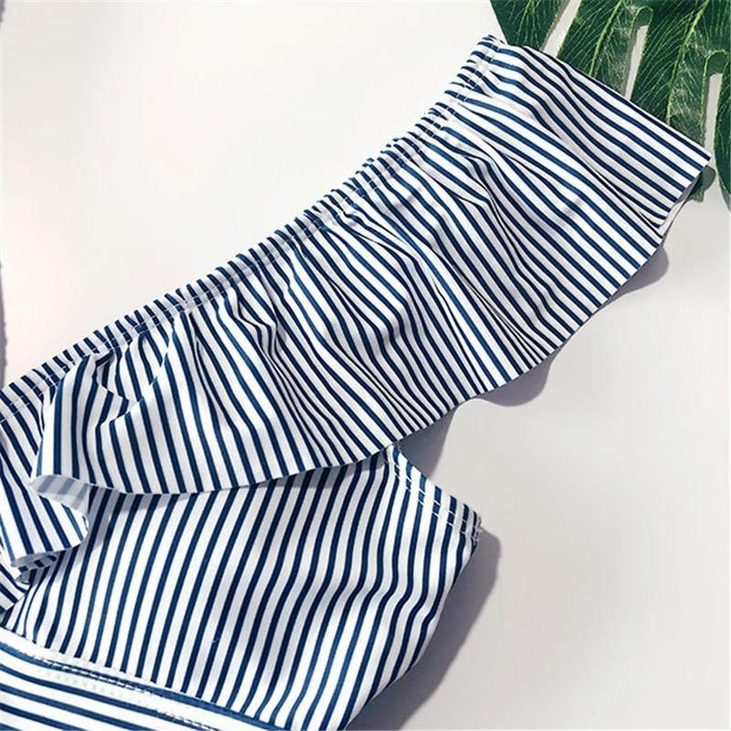 Sexy Female Retro V Neck Blue Striped Swimsuit One Piece Ruffled Push Up - Tirdress
