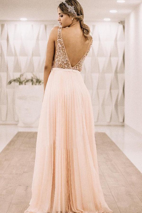Pearl Pink V Back Appliques Long Prom Evening Dress TP0861 - Tirdress
