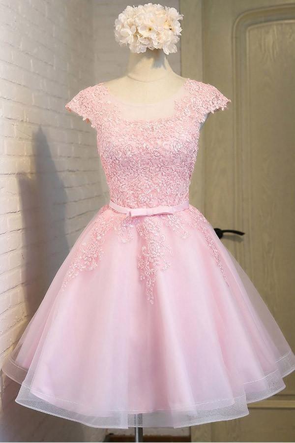 Pink Lace Short Tulle Homecoming Dresses Party Dresses with Cap Sleeves PG138 - Tirdress