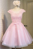 Pink Lace Short Tulle Homecoming Dresses Party Dresses with Cap Sleeves  PG138