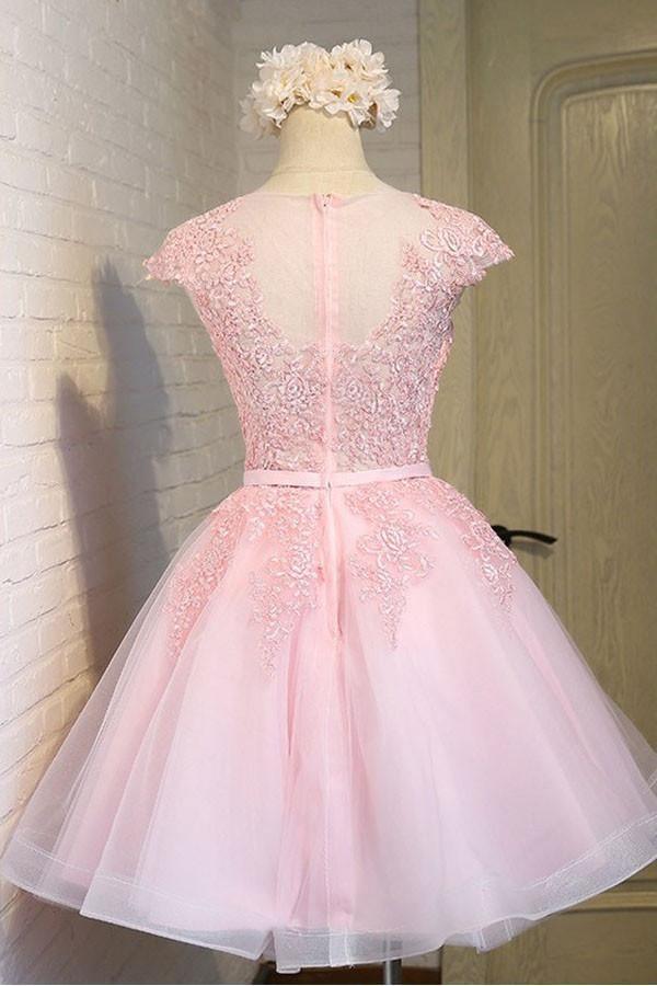 Pink Lace Short Tulle Homecoming Dresses Party Dresses with Cap Sleeves PG138 - Tirdress
