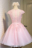 Pink Lace Short Tulle Homecoming Dresses Party Dresses with Cap Sleeves PG138 - Tirdress