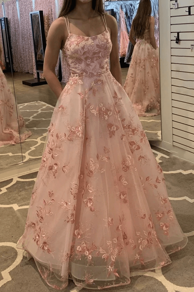Pink A Line Tulle Lace Appliques Long Prom Dress Formal Evening Dress TP1109 - US0 / As Picture Pink A Line Tulle Lace Appliques Long Prom Dress Formal Evening Dress TP1109 - US0 / As Picture
