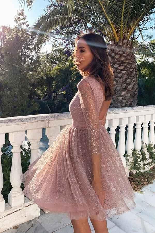 Pink Sequins Long Sleeve Short Homecoming Dresses HD0065 Tirdress Pink Sequins Long Sleeve Short Homecoming Dresses HD0065 Tirdress