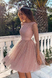 Pink Sequins Long Sleeve Short Homecoming Dresses Backless Formal Dress HD0065