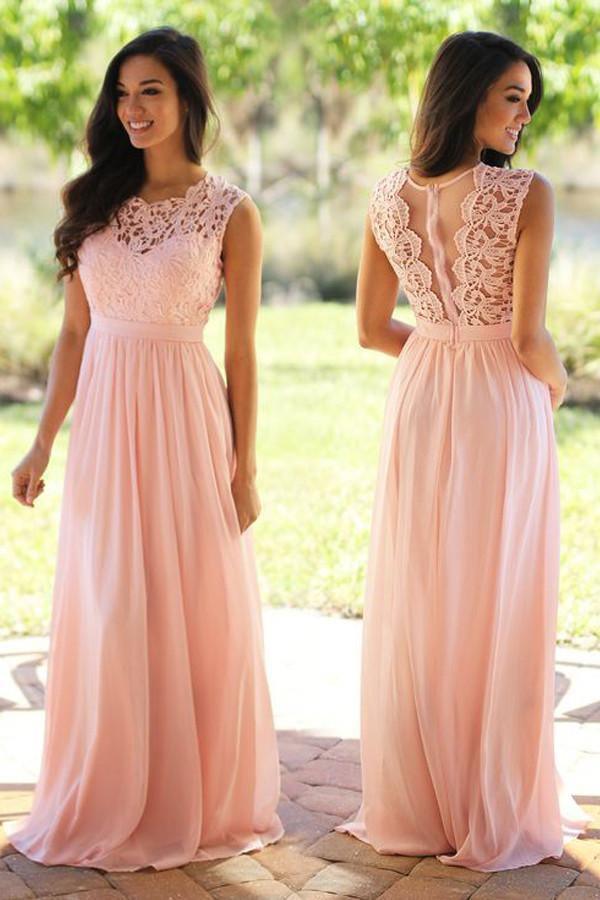 Pink Sleeveless Lace Chiffon Evening Dresses Prom Dresses PG339 - Tirdress