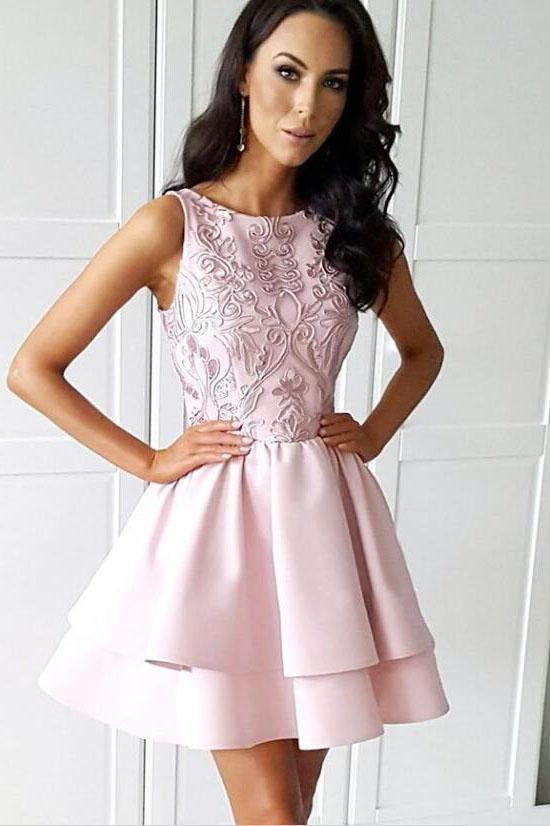 Short Pink Satin Homecoming Party Dresses with Appliques HD0092 US2 / As Picture Short Pink Satin Homecoming Party Dresses with Appliques HD0092 US2 / As Picture