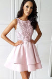 Pretty Bateau Short Pink Satin Homecoming Party Dresses with Appliques HD0092 - Tirdress