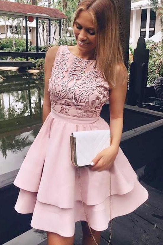 Short Pink Satin Homecoming Party Dresses with Appliques HD0092 US2 / As Picture Short Pink Satin Homecoming Party Dresses with Appliques HD0092 US2 / As Picture