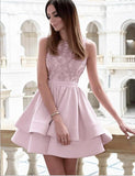 Pretty Bateau Short Pink Satin Homecoming Party Dresses with Appliques HD0092 - Tirdress