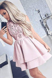 Pretty Bateau Short Pink Satin Homecoming Party Dresses with Appliques HD0092