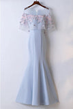 Jolie robe de bal longue sirène bleu ciel avec fleurs en dentelle TD007 
