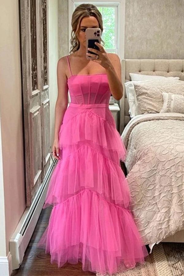 Princess Hot Pink Tiered Tulle Long Prom Dress Evening Dress TP1144 - Tirdress