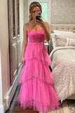 Princess Hot Pink Tiered Tulle Long Prom Dress Evening Dress TP1144