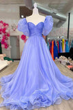 Princess Blue Puff Sleeves Pleated Long Prom Formal Dress TP1140 - Tirdress