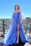 Princesse bleu manches bouffantes plissée longue robe de soirée de bal TP1140