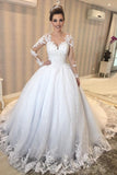 Princess Long Sleeves Sheer Back White Wedding Dress with Lace TN326