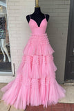 Princess Pink Tiered Layers Tulle Long Prom Dress Formal Gown TP1153 - Tirdress