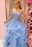 Princess Sky Blue Tiered Tulle Prom Formal Dress with Appliques TP1151