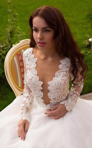 Princess A-Line V-Neck Tulle Ivory Long Sleeves Wedding Dresses WD181 - Tirdress