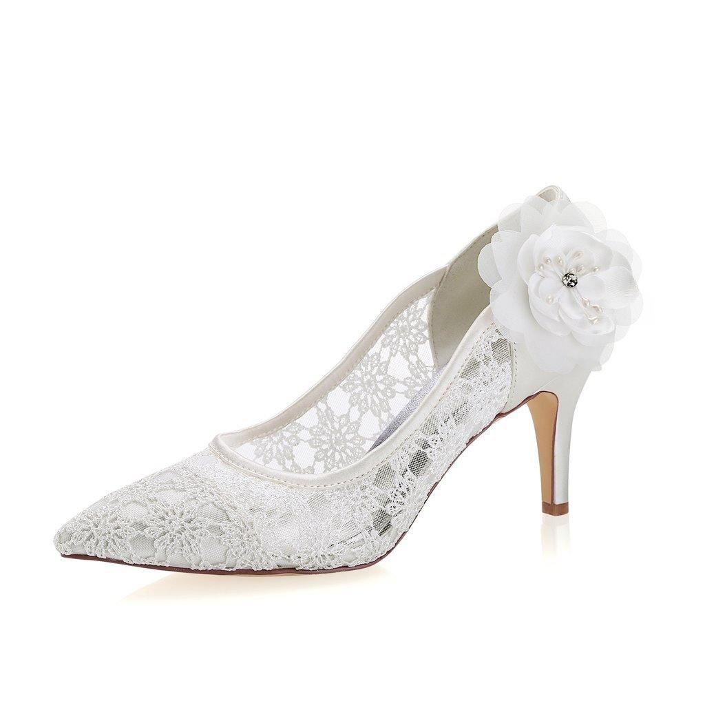 Princess Ivory Lace Wedding Shoes with Flowers, Pretty Woman Shoes WS02 - 8cm Nude Heels / 5 Princess Ivory Lace Wedding Shoes with Flowers, Pretty Woman Shoes WS02 - 8cm Nude Heels / 5