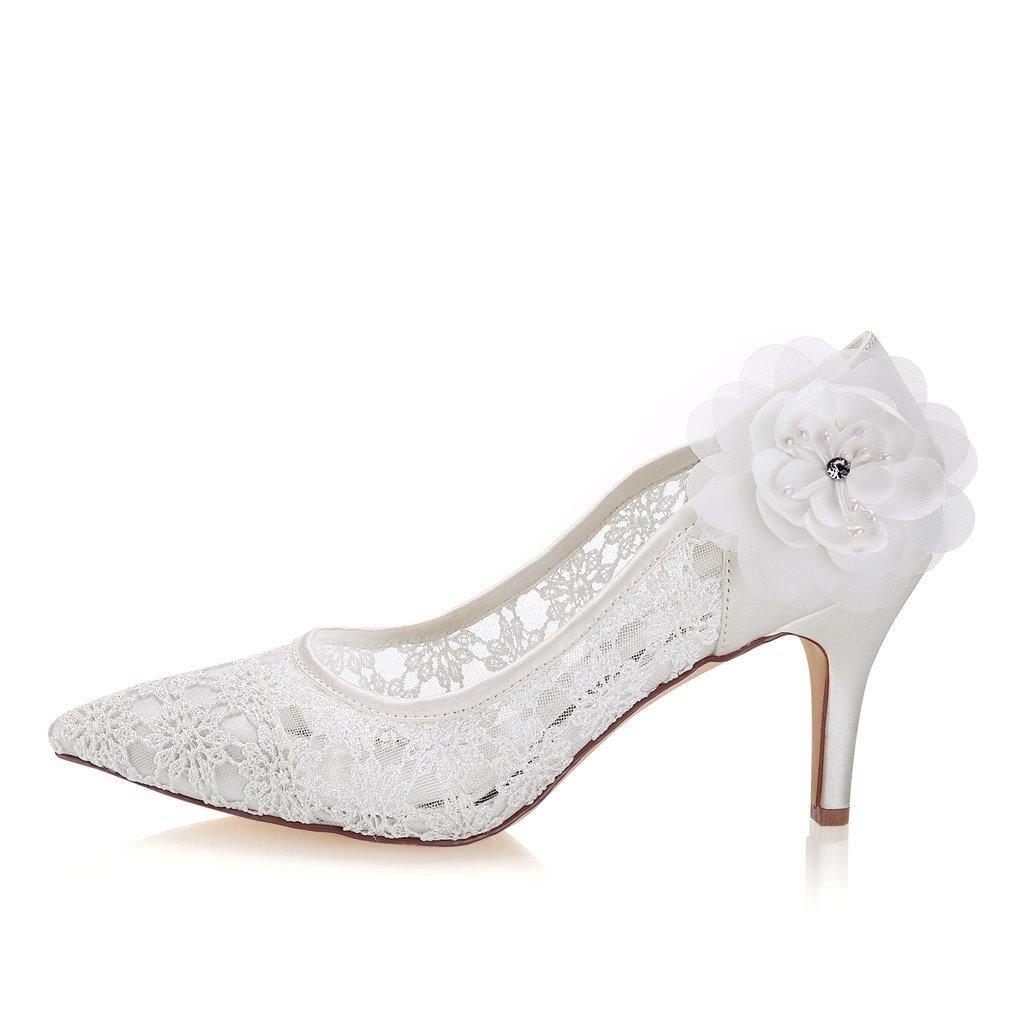 Princess Ivory Lace Wedding Shoes with Flowers, Pretty Woman Shoes WS02 - 8cm Nude Heels / 5 Princess Ivory Lace Wedding Shoes with Flowers, Pretty Woman Shoes WS02 - 8cm Nude Heels / 5