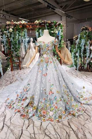 Princess Prom Dresses Off The Shoulder Lace Up Back Appliques Tulle TP0874 US18 / Custom Color Princess Prom Dresses Off The Shoulder Lace Up Back Appliques Tulle TP0874 US18 / Custom Color