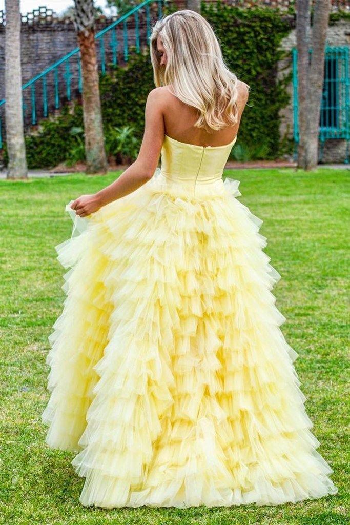 yellow tiered prom dress ZAPAKA Women Yellow Tiered Prom Dress A-Line Sweetheart Corset Party Dress, Yellow / US4