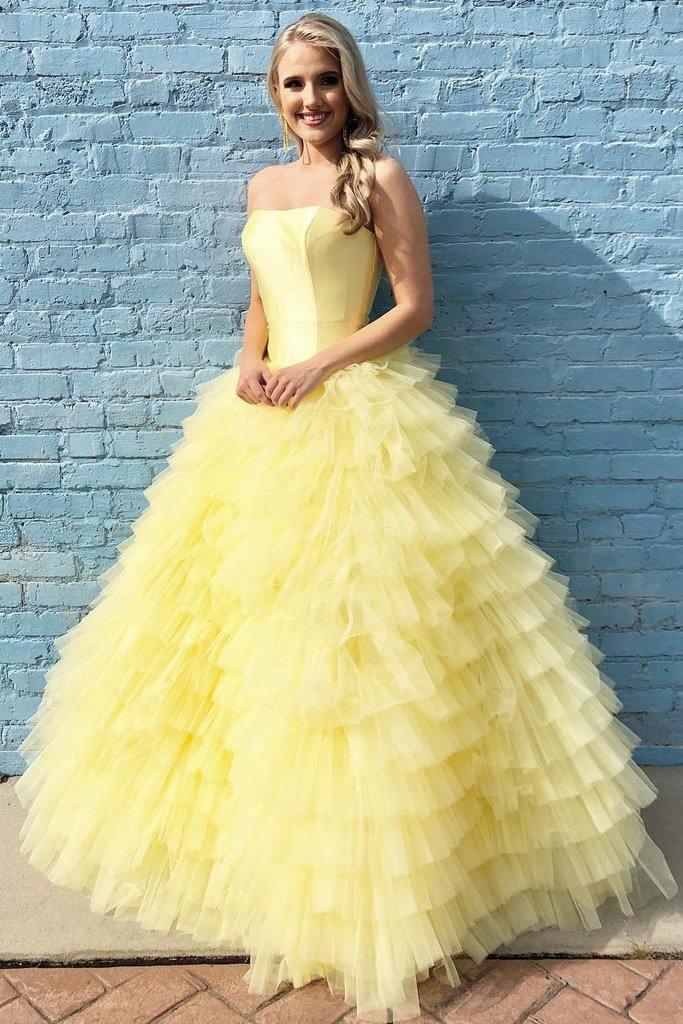 Princess Strapless Tiered Floor Length Yellow Ball Gown Prom Dress TP0864 - Tirdress