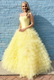 Robe de bal princesse sans bretelles à plusieurs niveaux au sol jaune robe de bal TP0864