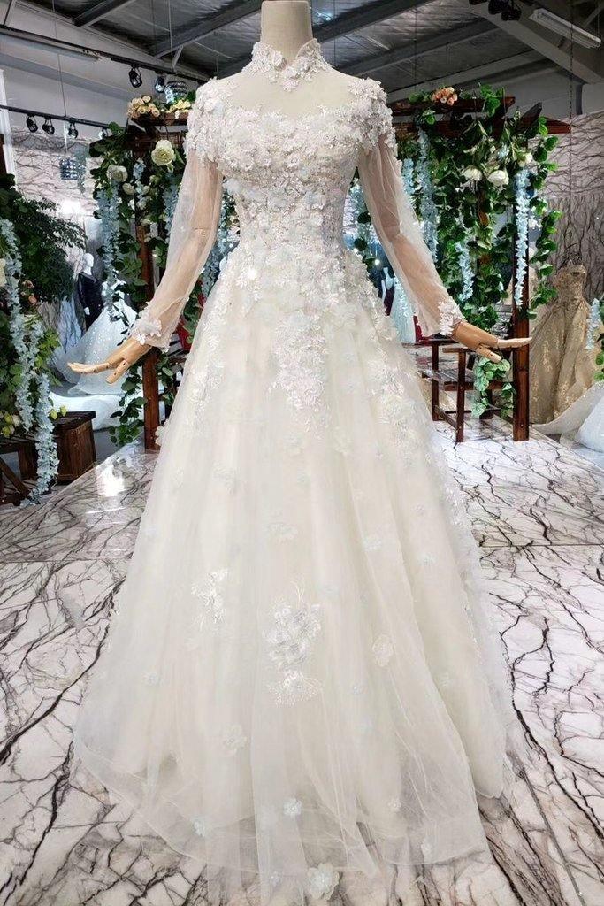 Prom Dresses Tulle High Neck Long Sleeves Handmade Flowers TP0856 - Tirdress