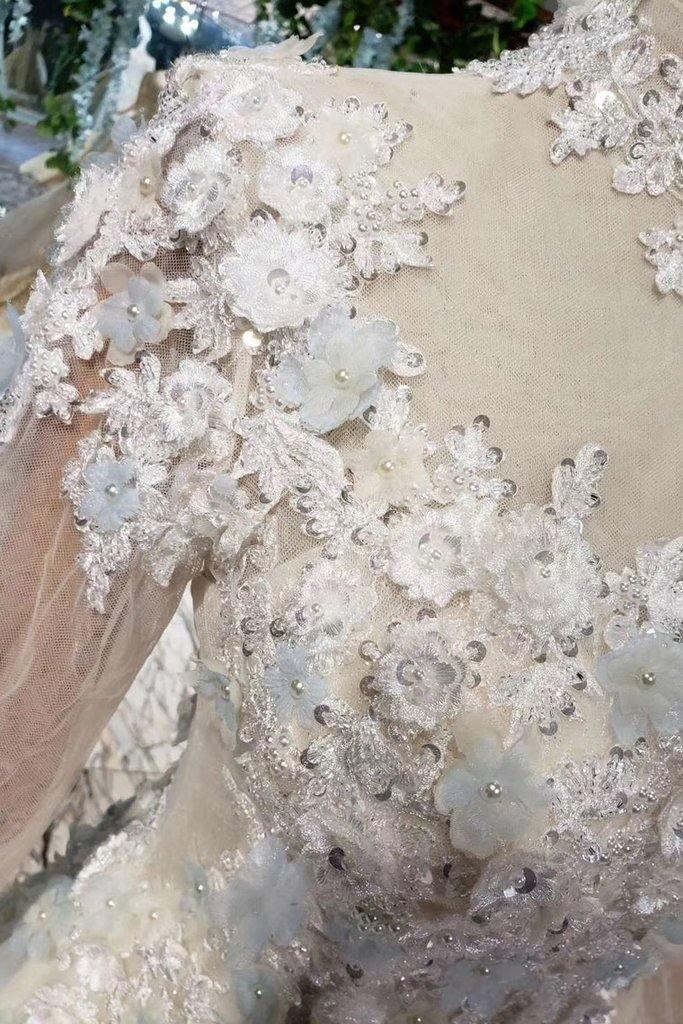 Prom Dresses Tulle High Neck Long Sleeves Handmade Flowers TP0856 - Tirdress